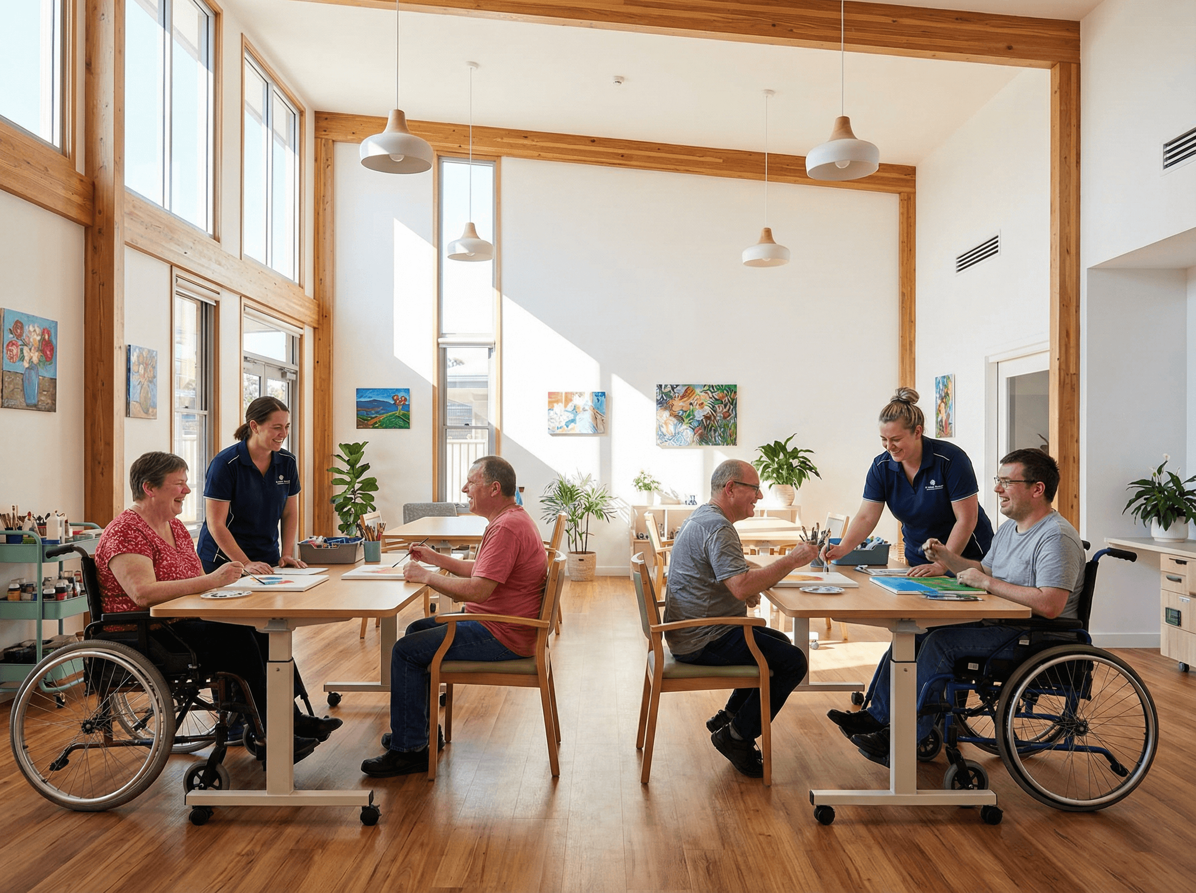 Bright activity room with participants engaged in programs